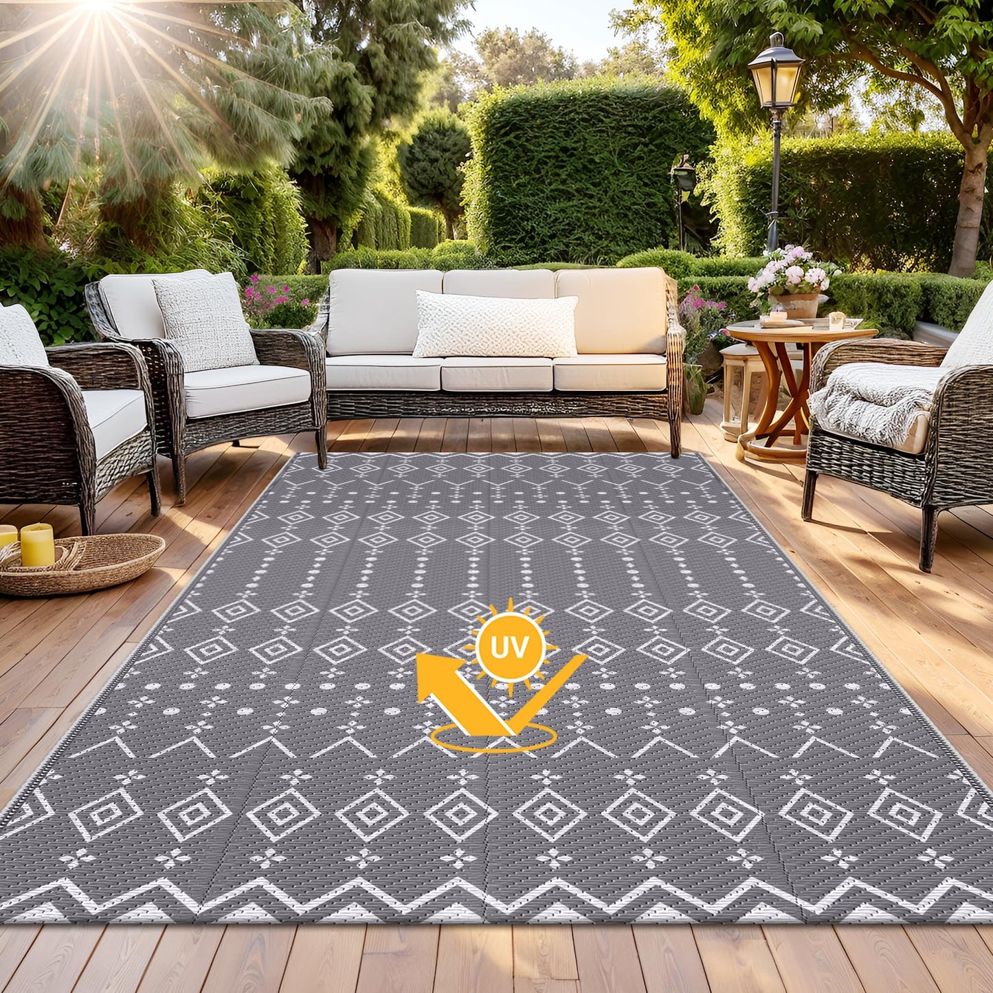 StepRite 5’ x 8’ Reversible Outdoor Rug, Waterproof Plastic Straw Rug, Patio Rug, Large Modern Area Rug Carpet, Indoor Outdoor Rugs for Camping, Porch, Deck, Balcony, Backyard, RV, Picnic(Grey)