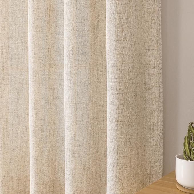 Tollpiz Short Linen Curtain Living Room Rod Pocket Semi Sheer Curtains Burlap Light Filtering Thick Linen Drape for Bedroom, 54 x 45 inches Long, Natural, Set of 2 Panels