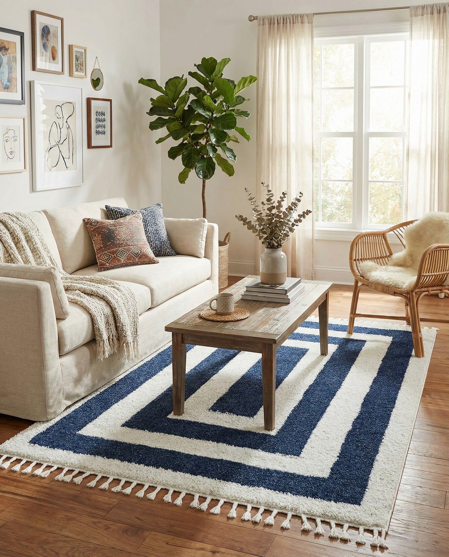 Rugs.com - Boho Rug – 5' 3 x 8' Blue Easy-Clean Stain-Resistant Rug – Concentric Stripe Pattern with Fringe, Perfect for Living Rooms, Dining Rooms, and Home Offices
