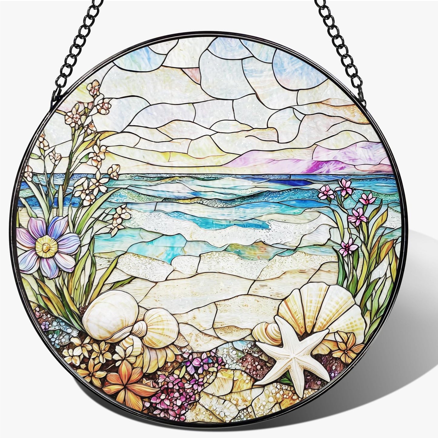 Stained Glass Window Hanging, 7.8 Inch Beach Stained Glass Suncatcher Ornament, Suncatchers for Windows, Doors & Home Decor, Starfish Coastal Window Decor, Summer Lover Gift & Gift for Beach Lovers