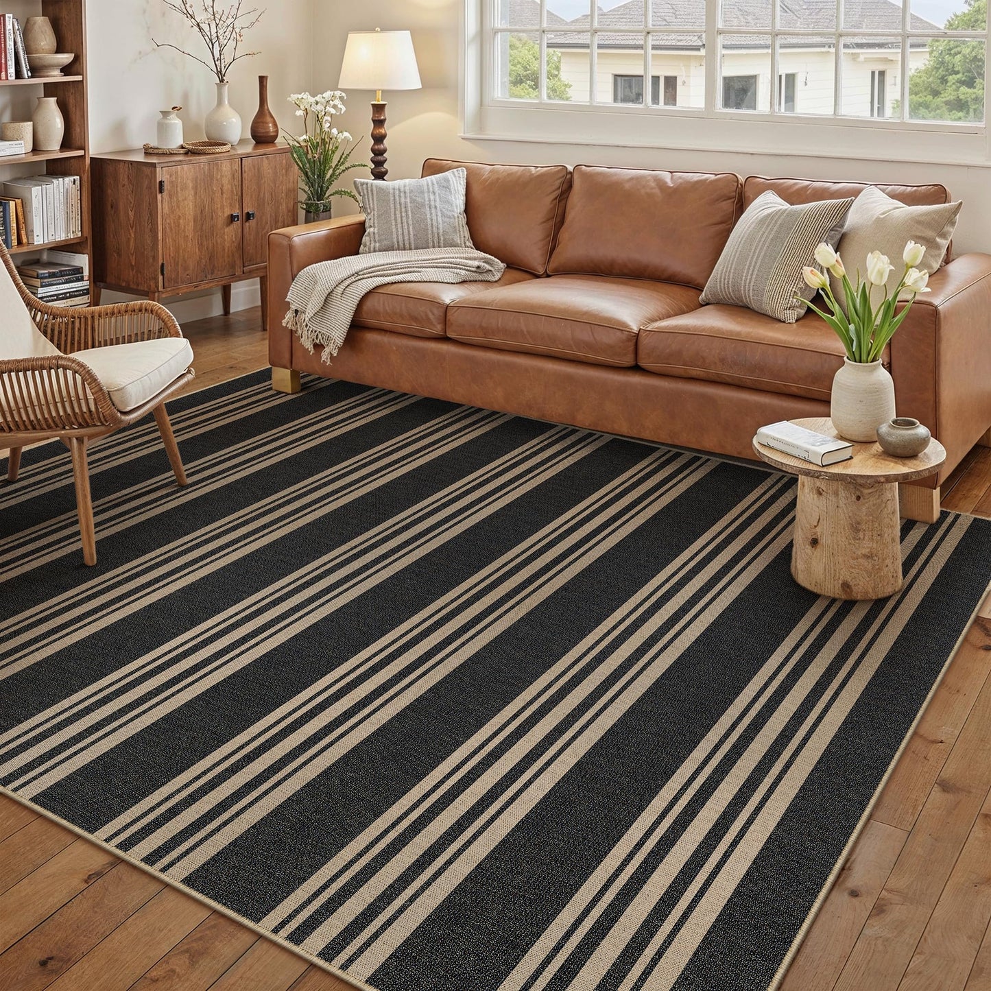 PureCozy Striped Easy Jute Rug 5x8 Black Living Room Carpet Washable Non Slip Bedroom Office Rug Farmhouse Neutral Non Shedding Indoor Outdoor Large Carpet for Kitchen Dining Room