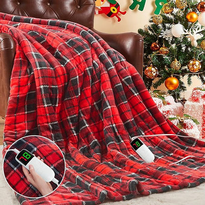 Heated Electric Blanket Twin Size,62X84 Heating Blanket,Red Plaid Soft Sherpa Blankets Warmer Gift for Grandma Women Adult,Fast Heating Washable