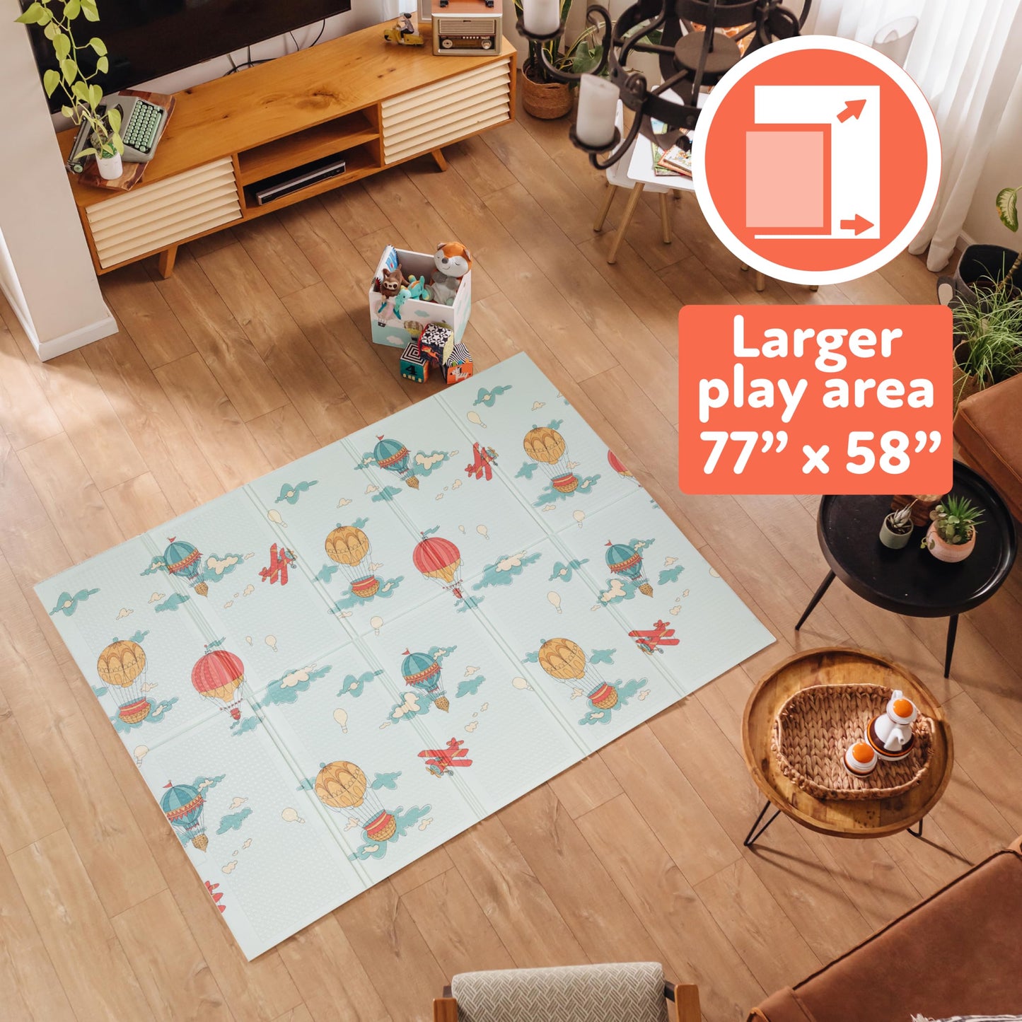 Nuby Reversible Baby Floor Mat - Foldable and Lightweight Foam Infant Play Mat - 77" x 58" - Easy Storage and Travel - Hot Air Balloons/Stripes