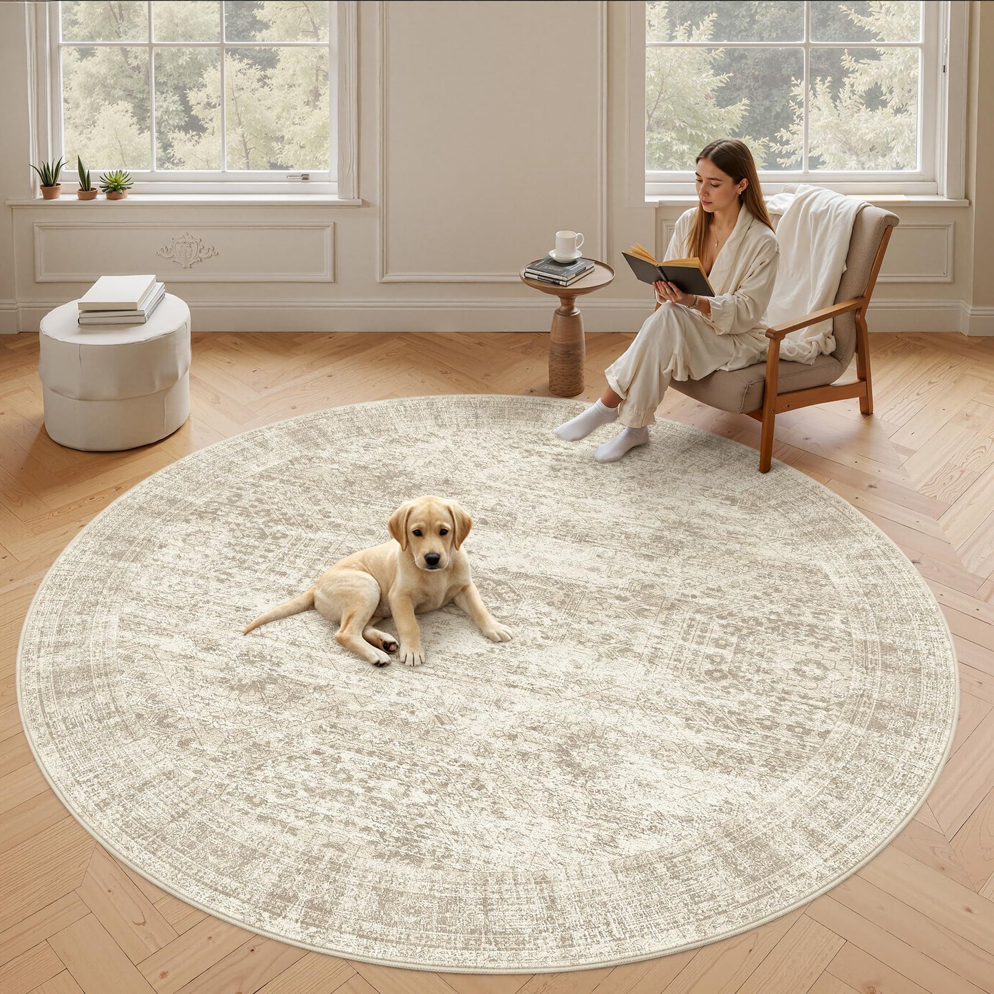 Soalmost 8x8 Beige Round Rug 8ft Living Room Circle Rug Vintage Round Area Rug Non Slip Indoor Carpet for Apartment