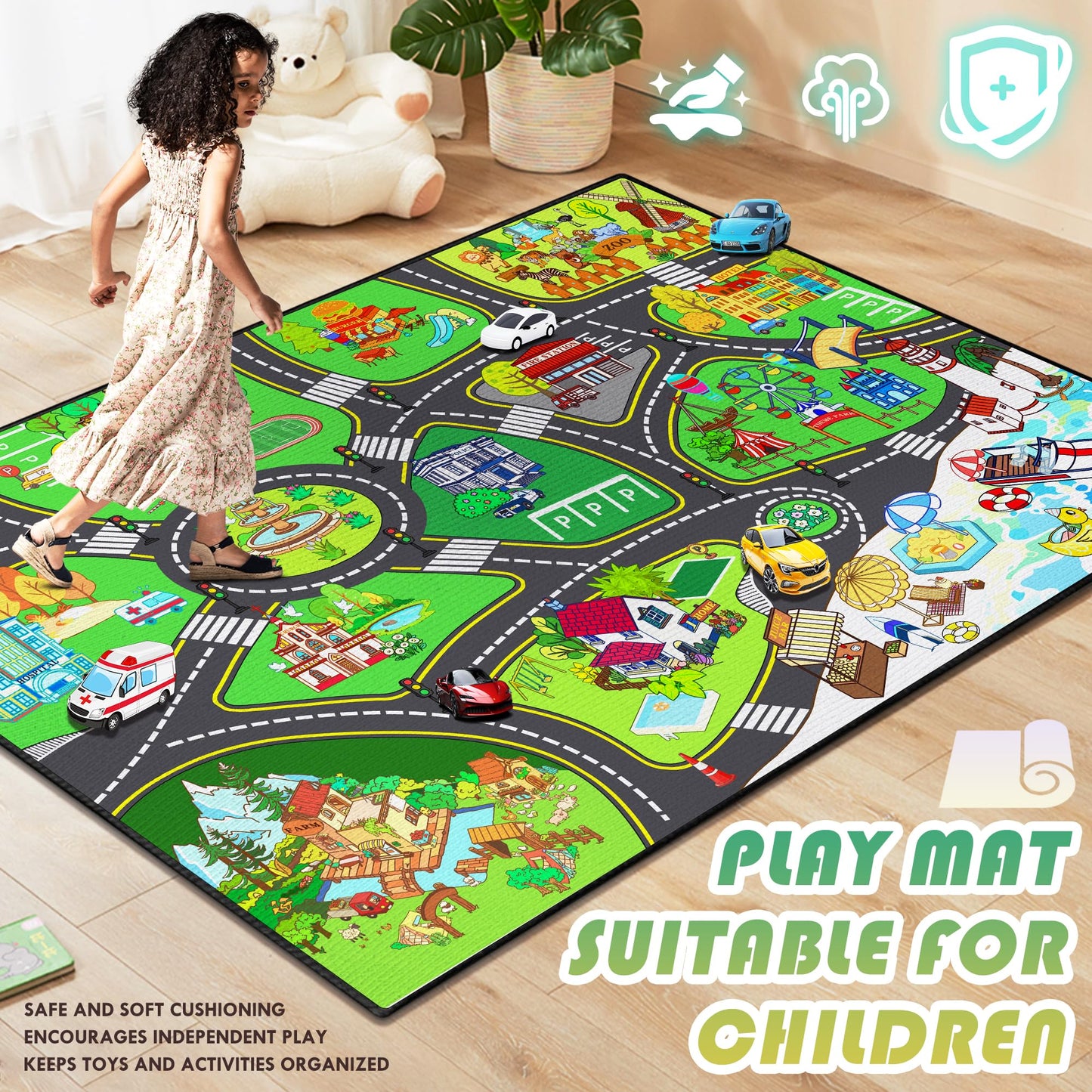 Didswuit Play Rug for Playroom 59"x39", Kids Car Mat Town City Road Map Carpet, Fun Car Playmat Area Rugs Non-Slip Washable for Bedroom