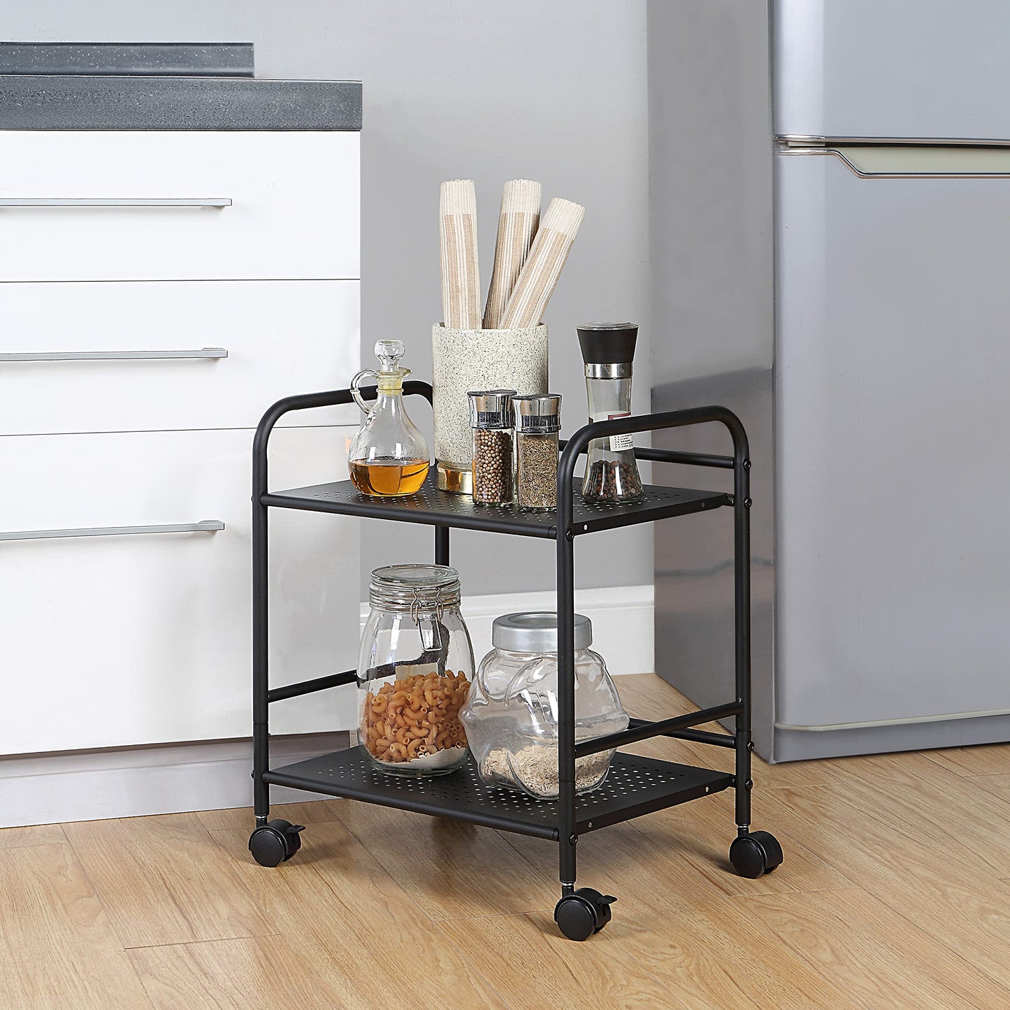 SunnyPoint 2-Tier Metal Rolling Utility Cart – Mobile Storage Shelf with Caster Wheels – Small Space Organizer for Home, Office, Bedroom, Kitchen (BLK)