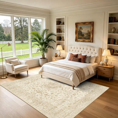 TTelephant Beige Living Room Rugs 8x10, Neutral Vintage Boho Carpet for Bedroom and Dining Room, Low Pile Nursery Indoor Area Rug with Non-Slip Silicone Backing, Non-Shedding