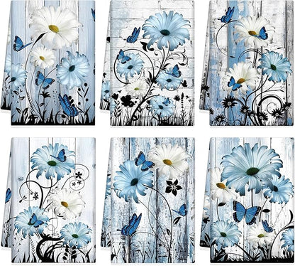 Breling Set of 6 Blue Daisy Kitchen Towel Vintage Themed Dish Towel Bathroom