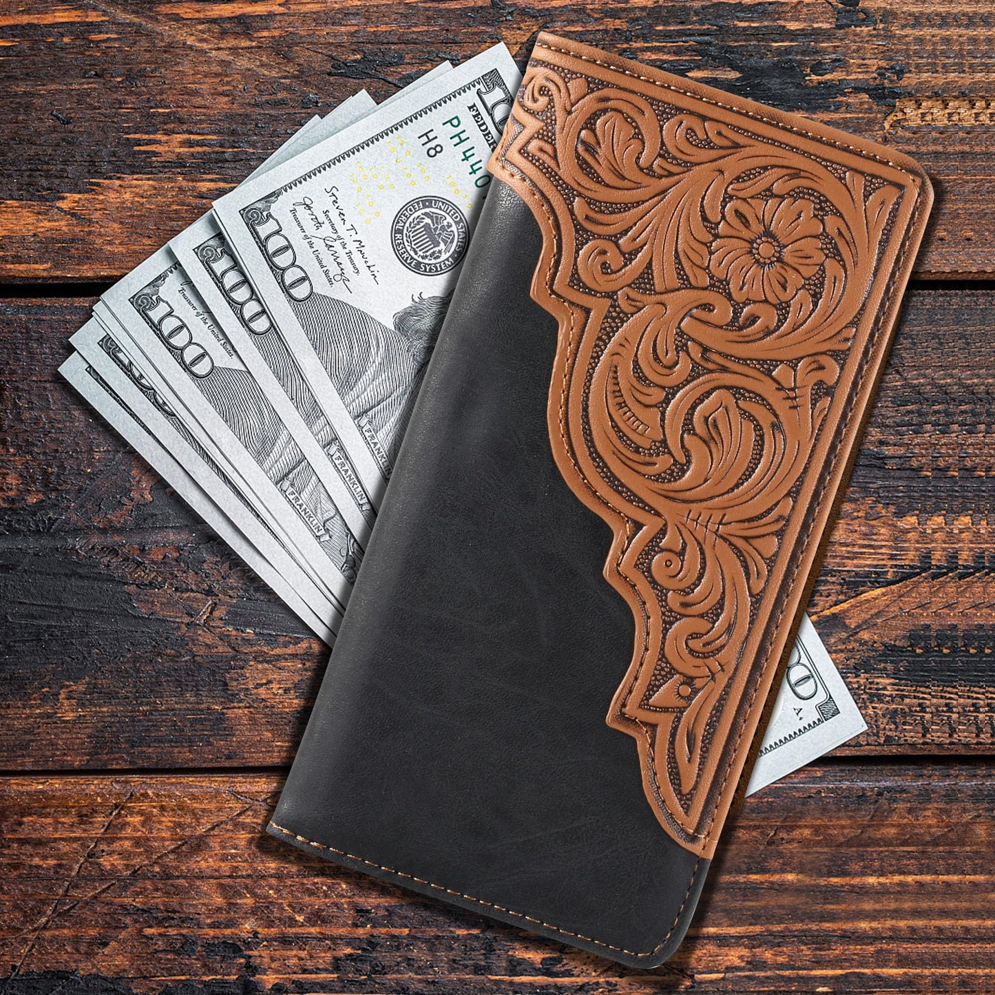 Montana West Western Wallet for Men Long Bifold Wallet with Card Slots RFID Blocking Cowboy Vintage Checkbook Wallet Gift for Men