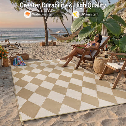 WondRg Outdoor Plastic Checkered Rug Waterproof Patio 6x9 Beige Brown Diamond Geometry Mat for Porch Camping RV Balcony Deck Courtyard Reversible Lightweight Durable Portable