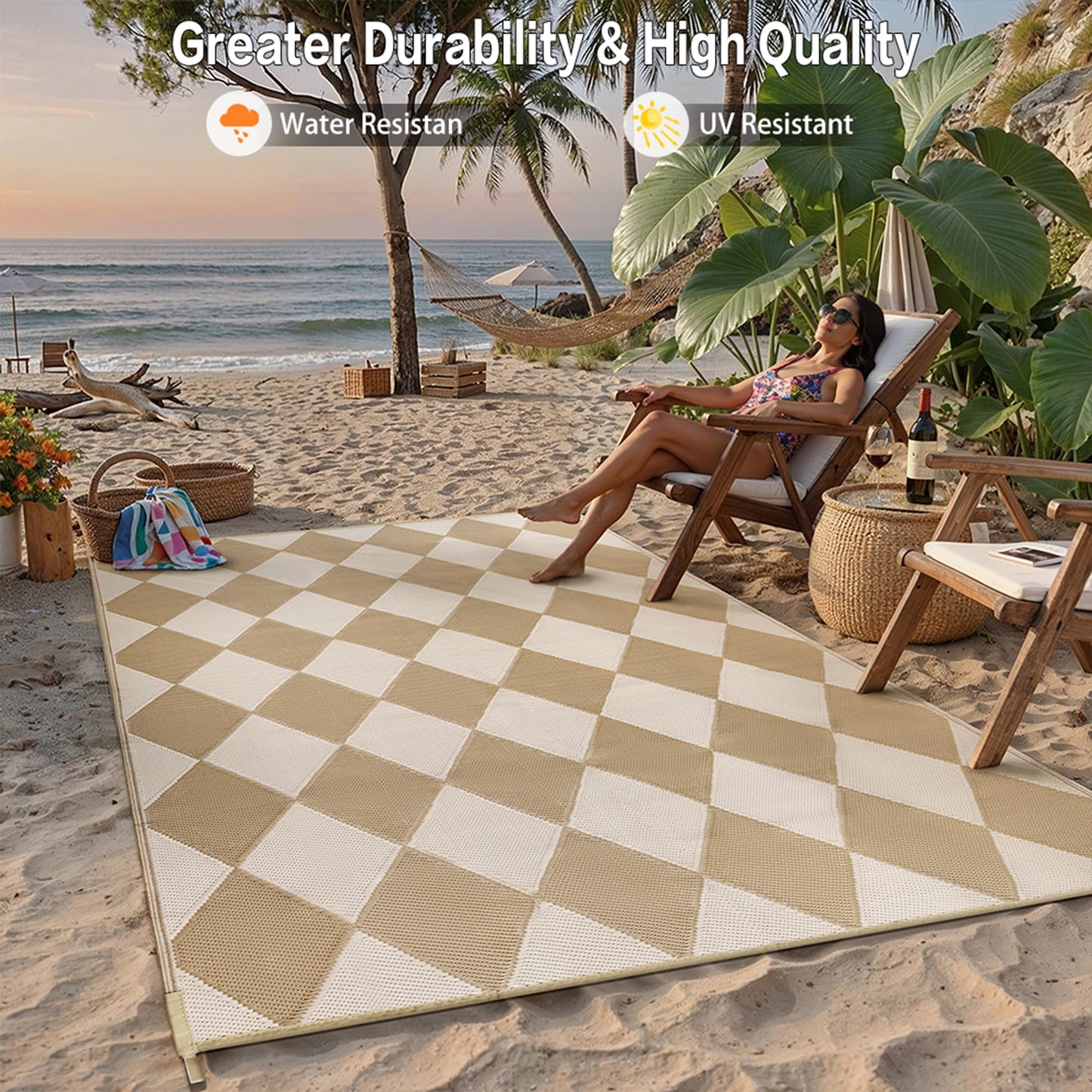 WondRg Outdoor Plastic Checkered Rug Waterproof Patio 8x10 Beige Brown Diamond Geometry Mat for Porch Camping RV Balcony Deck Courtyard Reversible Lightweight Durable Portable