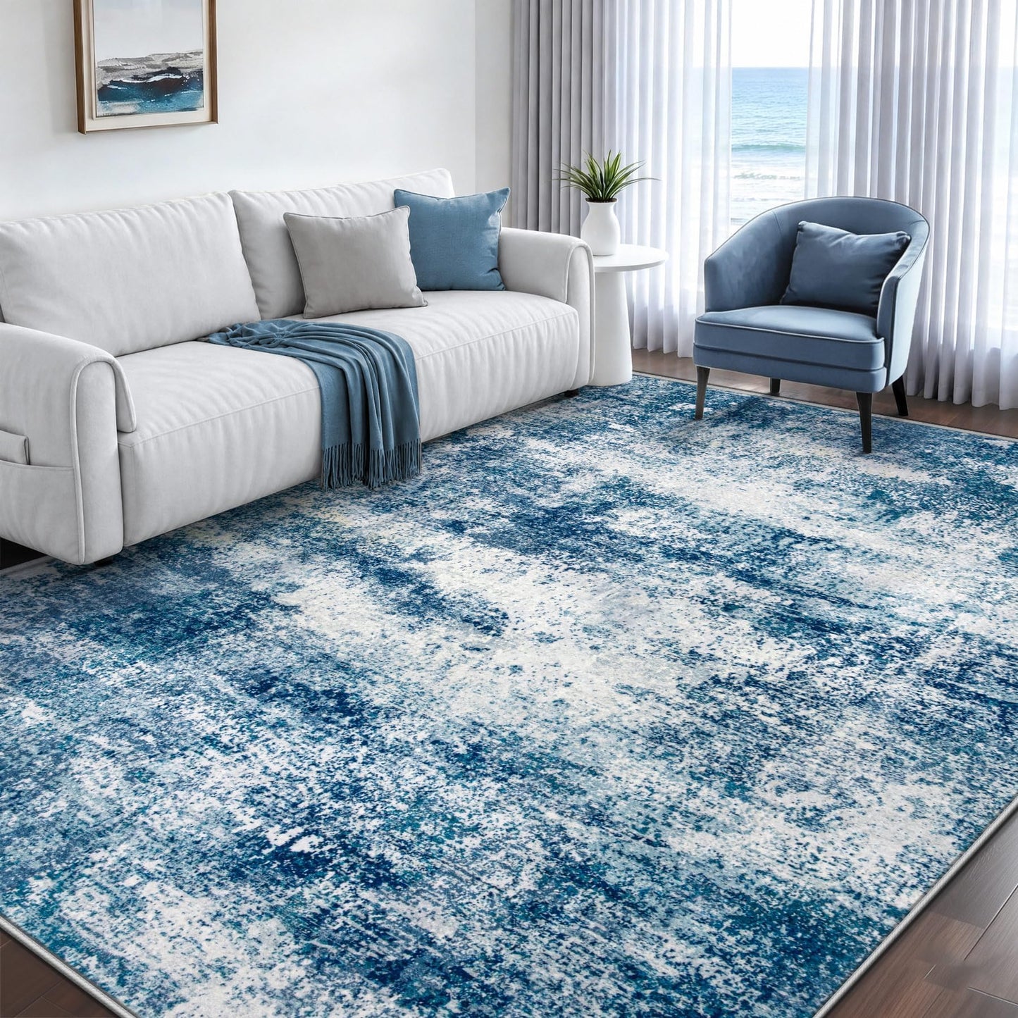5x7 Area Rugs for Living Room, Washable Modern Abstract Rug Non-Slip Soft Low Pile Stain Resistant Carpet for Bedroom Nursery Dining Room Home Office (Blue, 5'x7')