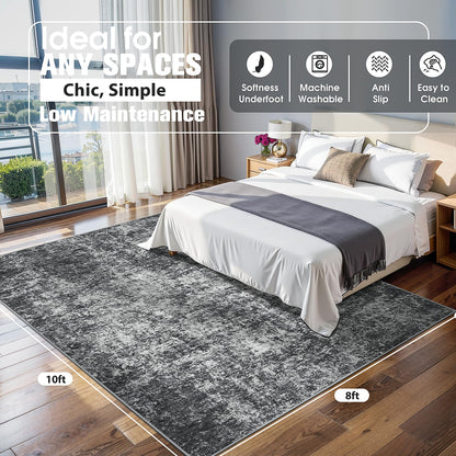 8x10 Area Rugs for Living Room Rug Washable: Abstract Large Rug for Dining Room Bedroom Carpet Non Slip 8 by 10 Indoor Modern Nursery Home Office Black Grey