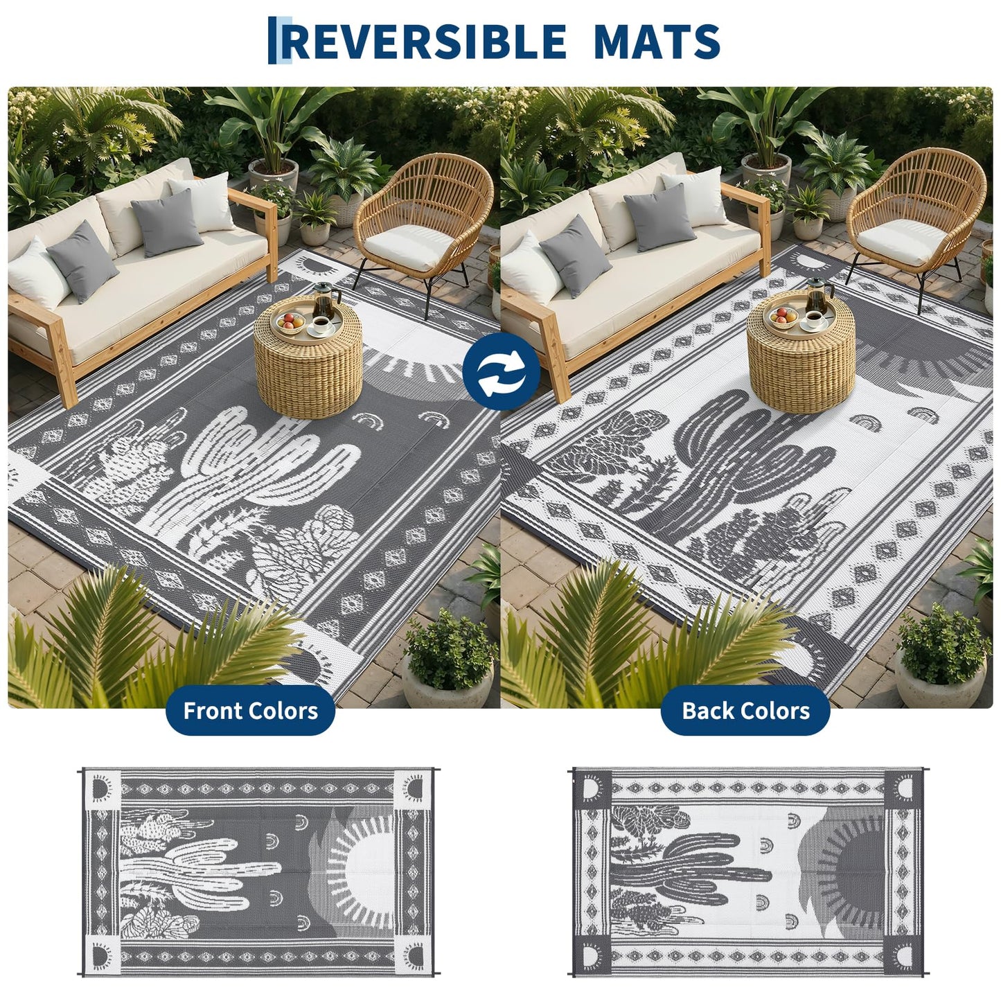 Garvee Reversible Cactus Outdoor Rug 8x10 for Patio, Waterproof Outdoor Area Rug, Modern Desert Botanical Indoor Outdoor Rugs, Plastic Straw Rug for RV, Camping, Deck, Grey