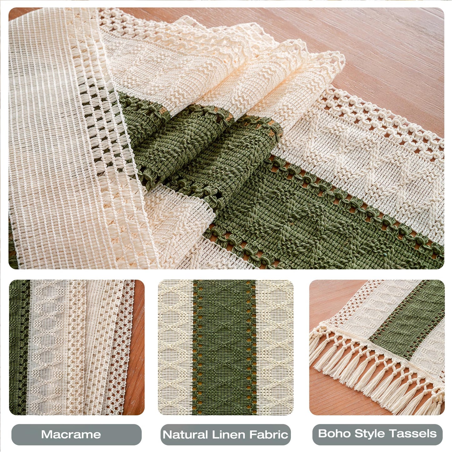 duduta Sage Green Spring Macrame Table Runner 72 inch Long, Farmhouse Boho Dresser Covers Coffee Table Decor