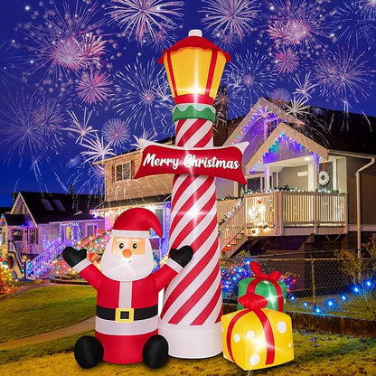 8Ft Christmas Decorations Outdoor Inflatables Giant Santa Claus Stands Under The Lighthouse with Gift Box, Blow Up Built-in LED Lights for Party Outdoor Garden Indoor Yard Lawn