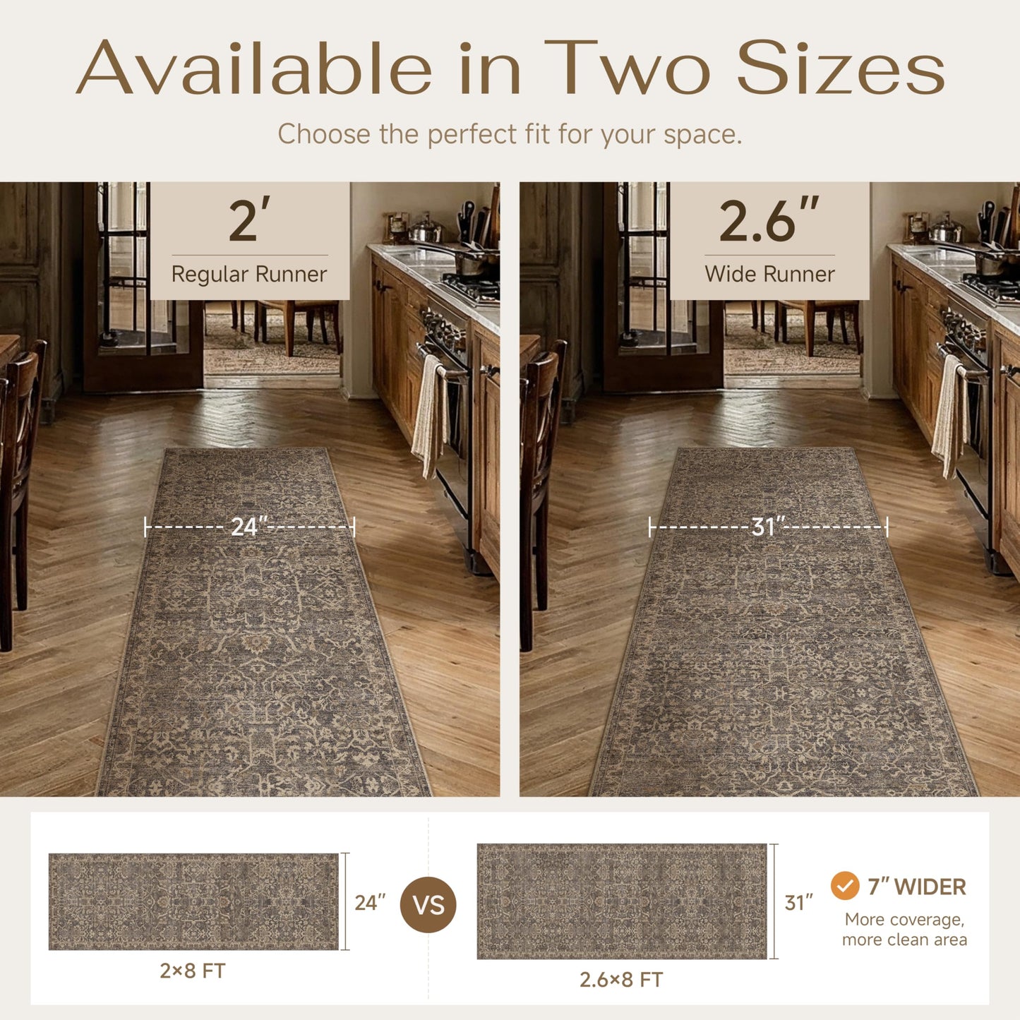 HUGEAR 2'6''x10 Runner Rug Machine Washable Retro Brown Hallway Area Rug Indoor Vintage Rug Floral Low Pile Carpet Soft Throw Rug Bedroom Living Room Office Dining Room Kitchen Laundry Room Non Slip