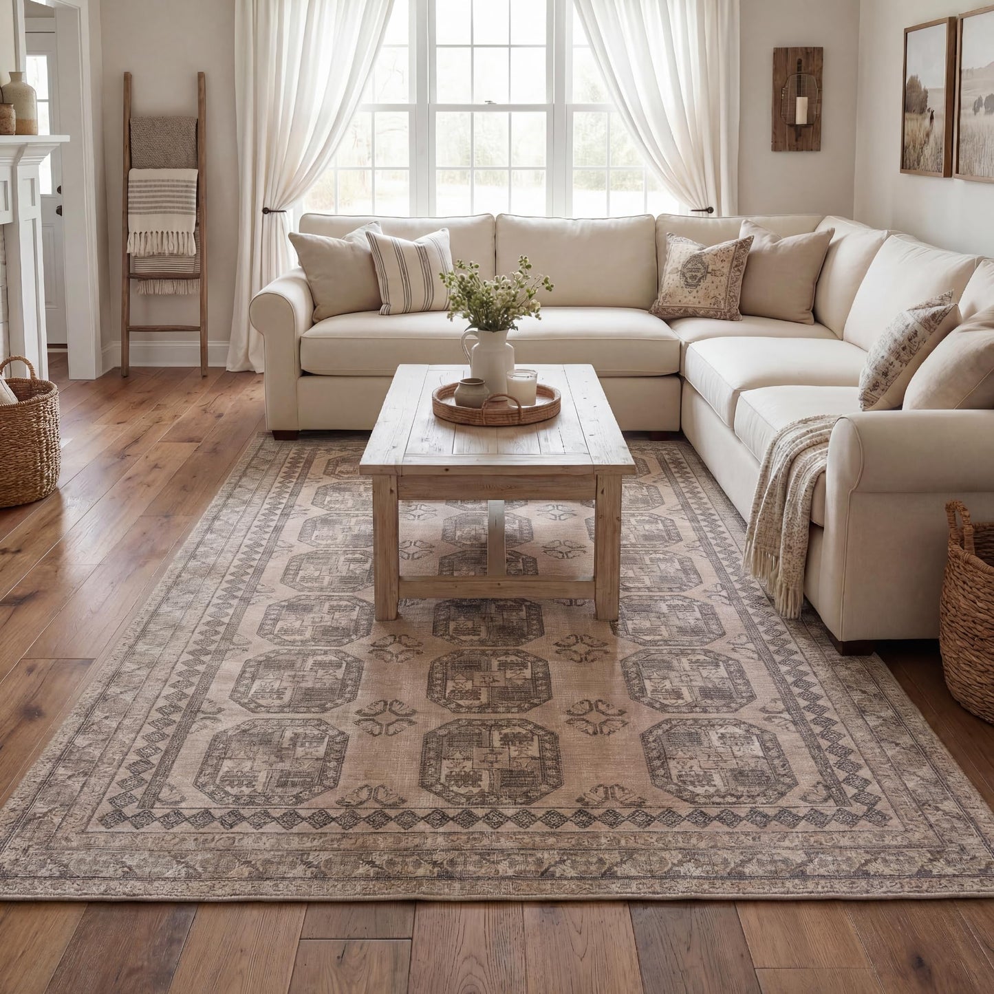 Kuden 6x9 Area Rug, Machine Washable Area Rug with Non-Slip Backing, Vintage Style, Soft, Easy Clean, Low Pile Rug for Living Room, Bedroom, Dining Room