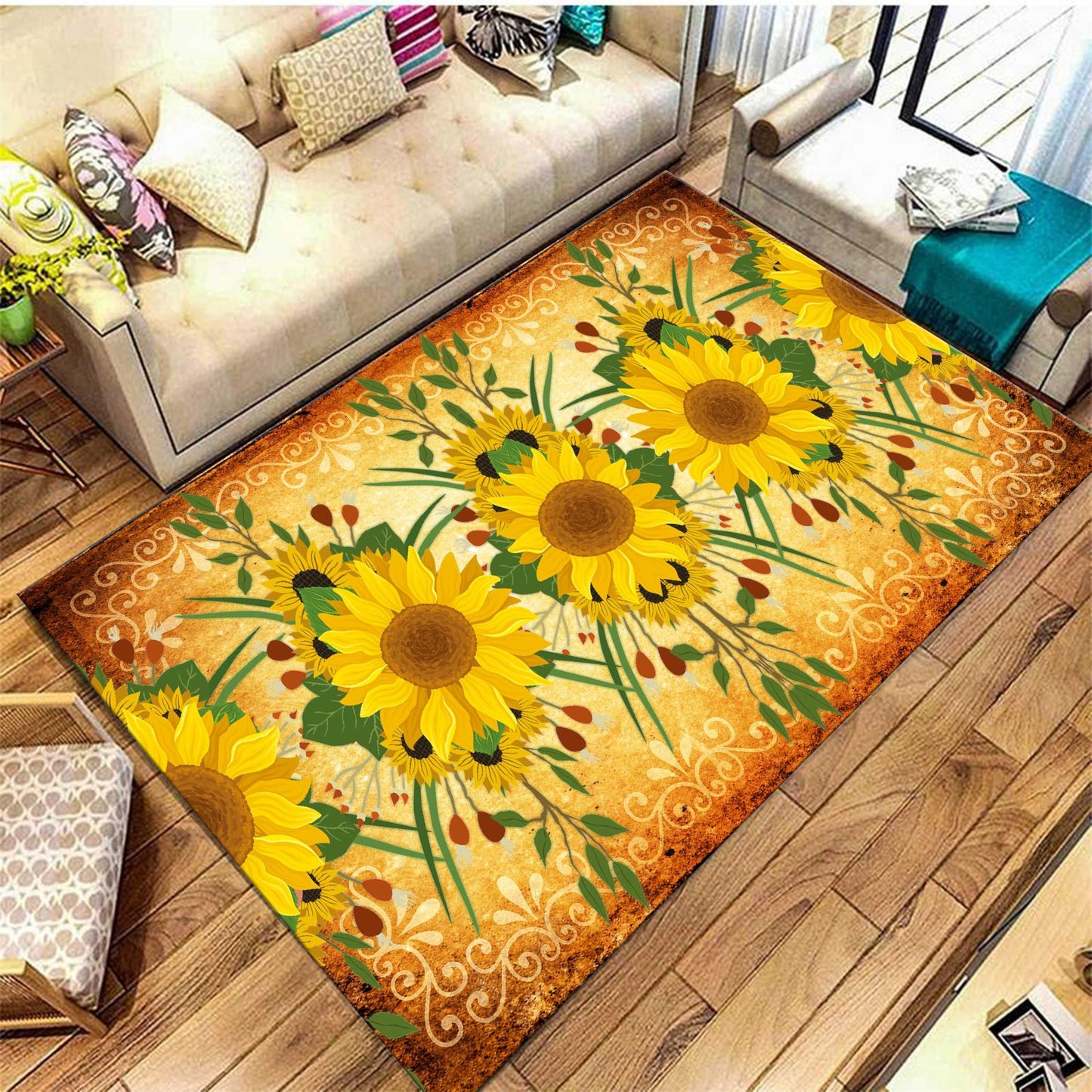 AOESELN Yellow Sunflower Area Rug,3x5ft Farmhouse Country Floral Rug, Non-Slip Washable Low Pile Soft Indoor Rug for Living Room, Bedroom, Dining Room, Office, Study, Kitchen