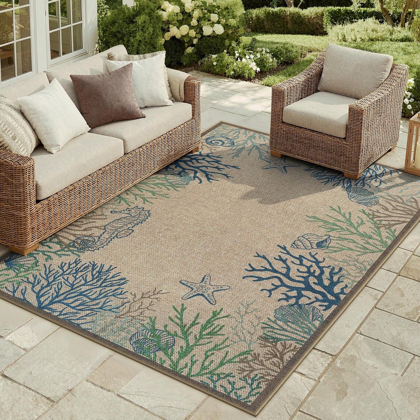 LIVEBOX Modern Easy Jute 5x7 Outdoor Rug, Washable Area Rugs for Living Room Patio Coastal Animal Indoor Outdoor Rug, Boho Farmhouse Non Slip Carpet for Backyard Foyer Dining Room(Olive, 5'x7')