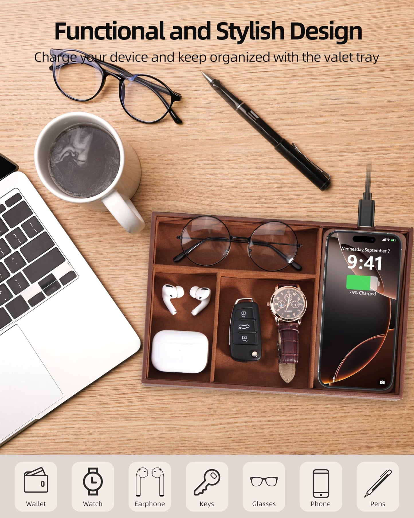 Investme Valet Tray with Wireless Charger, Nightstand Organizer for Men, EDC Catchall Tray for Keys, Watch, Wallet, Jewellery, Premium Vegan Leather, Bedside Caddy, Stylish and Organized, Brown