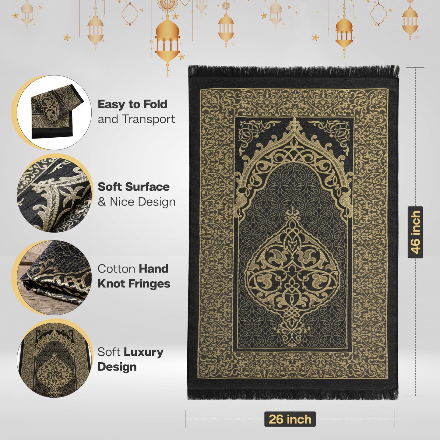 SUMELA Muslim Prayer Rug with Islam Prayer Beads - Travel Prayer Mat, Islamic Gifts for Women, Portable Prayer Matt Islam, Islamic Prayer Rug Islam Men Women, Praying Mat for Muslim Gifts, Black