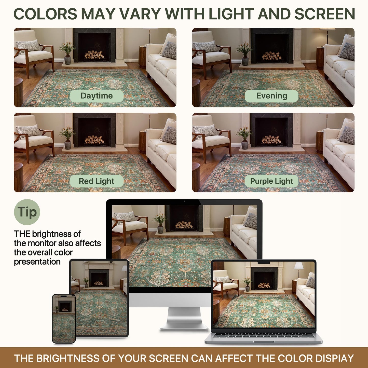 Bavni Washable Area Rugs 8x10 Green Boho Rug Tumble Vintage Large Carpet for Living Room Bedroom Dining Room, Non Slip Thin Low Pile Chenille, Dark Sage/Gold
