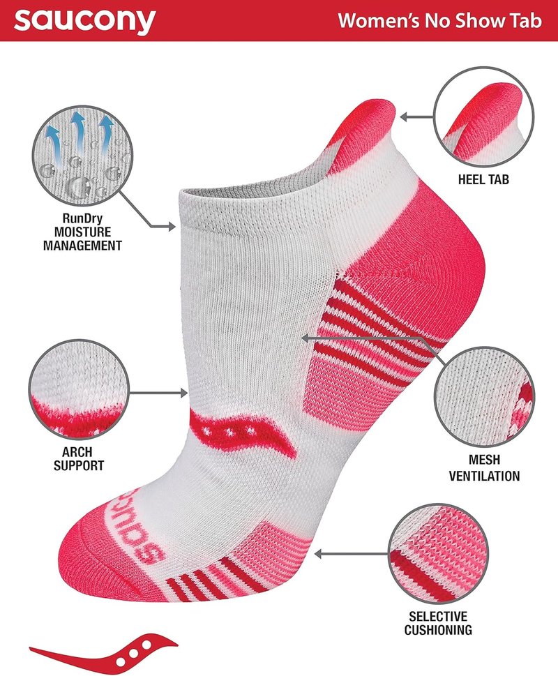 Saucony Women's RunDry Performance Athletic Socks - Heel Tab Design | Available in Sizes S-L (8, 16, 24 Pairs)