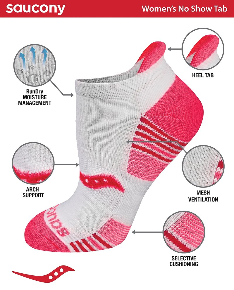 Saucony Women's RunDry Performance 8, 16 Pairs Heel Tab Athletic Socks, S-L, White Assorted (8 Pairs), Medium