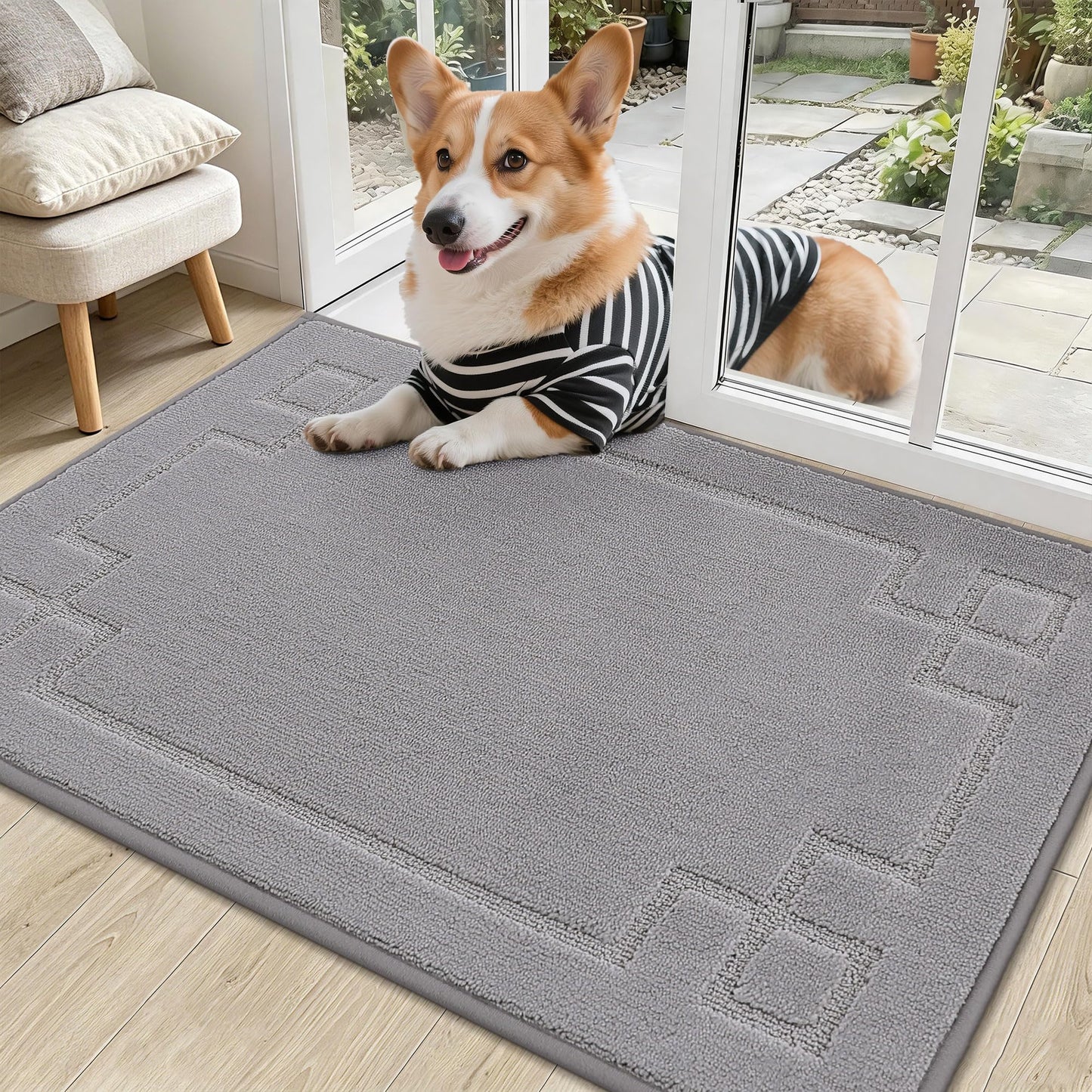 BEQHAUSE Door Mat 24" x 36", Non-Slip Door Mats Indoor Entryway Rugs Washable Low-Profile Absorbent and Dirt Trapper Floor Mats, Dog Door Mat for Front Back Door, Mud Wet Shoes & Paws, Light Grey