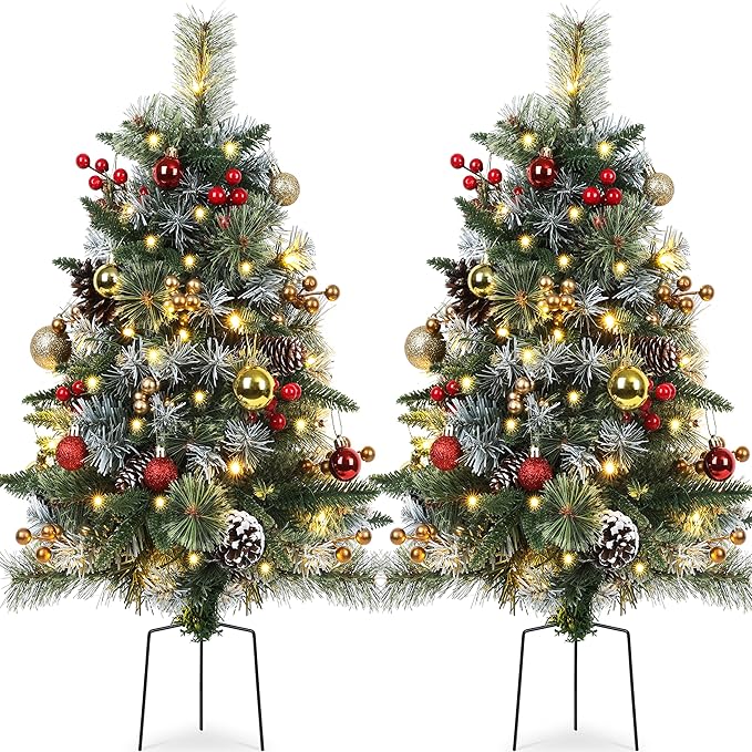 Set of 2 Outdoor Pathway Christmas Trees with Lights, Frosted Twinkle Small Easy Christmas Tree for Driveway, Entrance, Urn & Pot Filler, Front Porch, Yard, Garden Outside Holiday Decoration