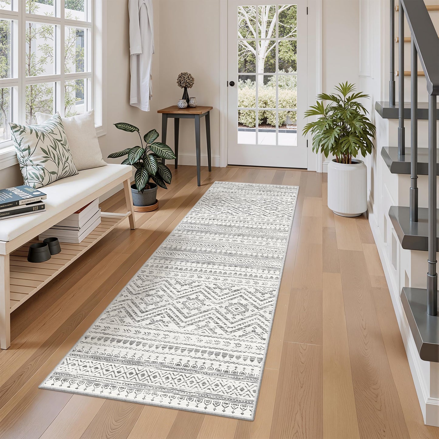 Miukiki 2x6 Hallway Runner Rug Moroccan Washable Kitchen Rug Non Slip Indoor Floor Kitchen Runner Rug Foldable Carpet for Bathroom Laundry Room with Low Pile(Grey,2'x6')