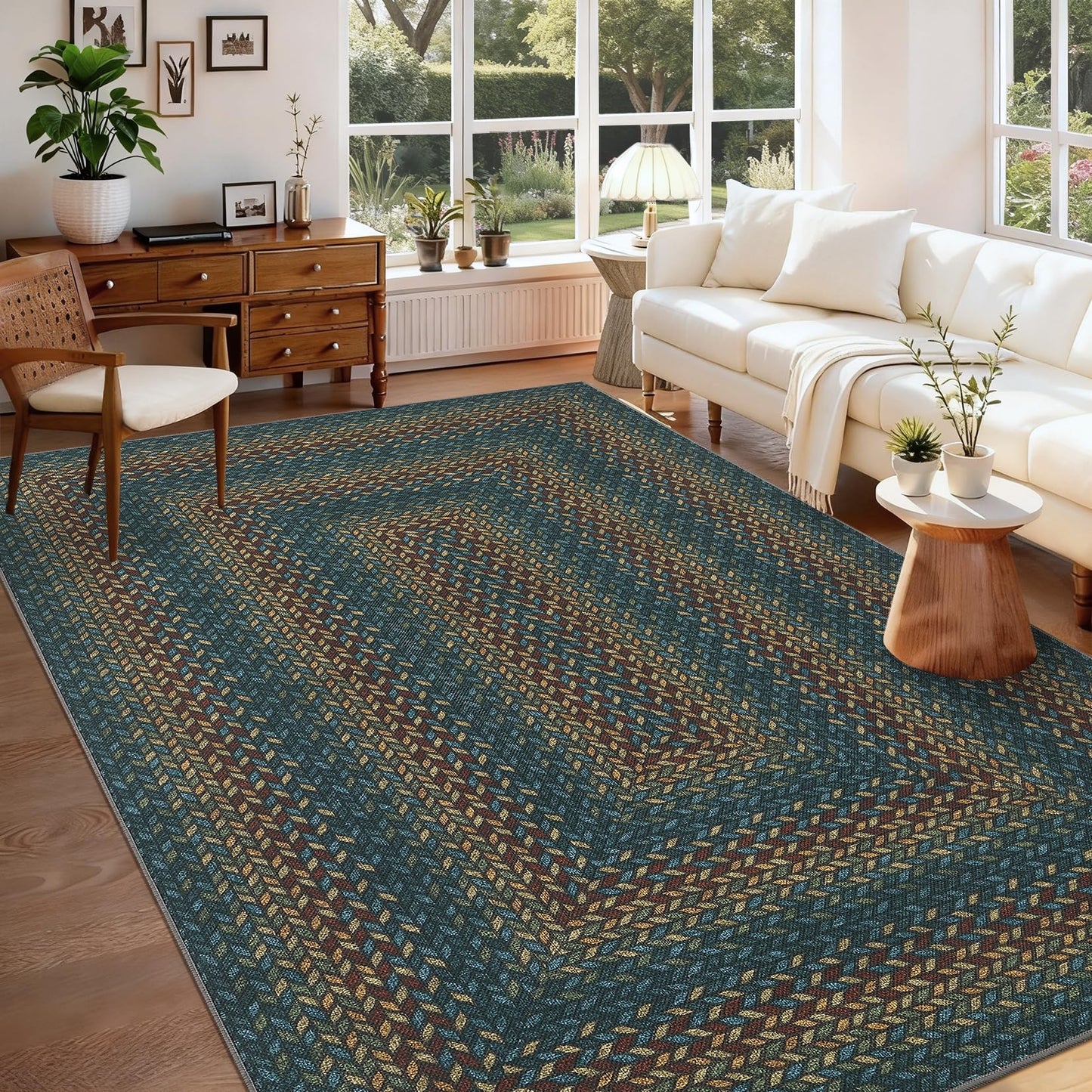 Braided 5x7 Rugs for Living Room Washable Easy Jute Outdoor Patio Rug Non Slip Stain Resistant Modern Bordered Bedroom Throw Carpet Indoor Outdoor Low Pile Area Rugs for Porch Kitchen, Navy/Rust