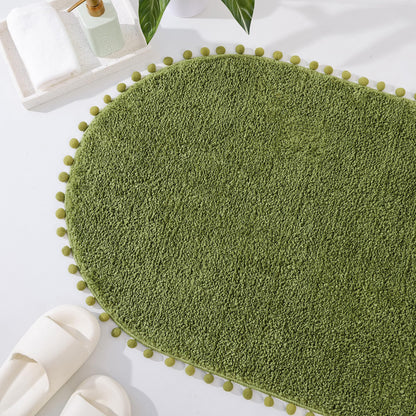 YIRDDEO Bath Mat Olive Green Oval Rug with Pom Bathroom Rugs for Bedroom Non Slip Cute Boho Absorbent Mats Soft Plush Washable Rug (24x36 inches)