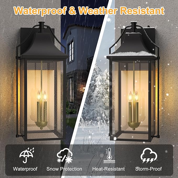 𝟮𝟱-𝗜𝗡𝗖𝗛 Outdoor Wall Lights Fixtures, Large Size Dusk to Dawn Waterproof Exterior Lanterns, Modern Porch Sconce Wall Mounted with Glass, Black Outside Lights for House Patio Front Door