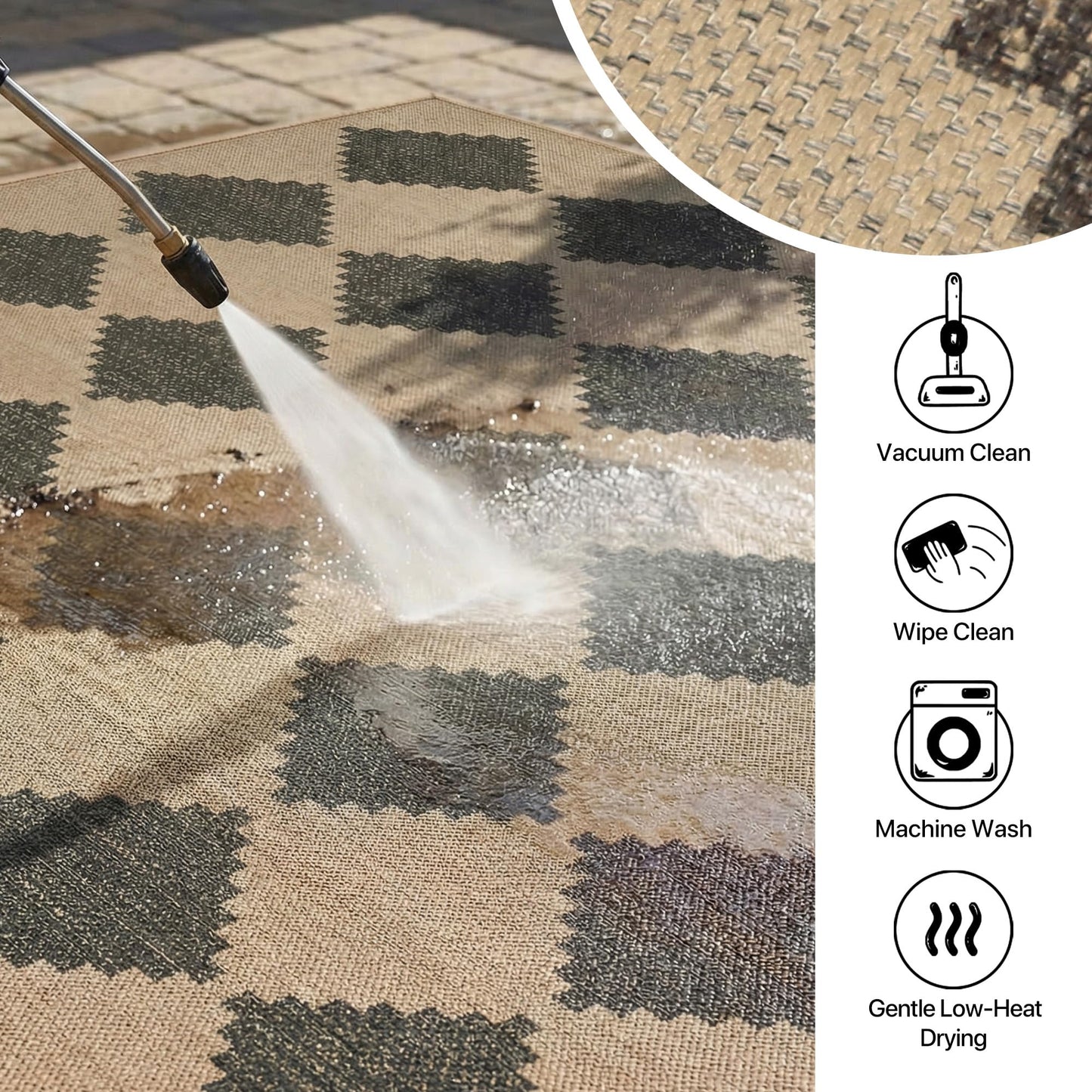 GENIMO Indoor Outdoor Area Rug 5'x8', Checkered Easy Jute Rug Machine Washable, Easy-Cleaning, Non Slip Geometric Woven Outdoor Carpet for Patio, Living Room, Backyard, Porch, Deck, Balcony