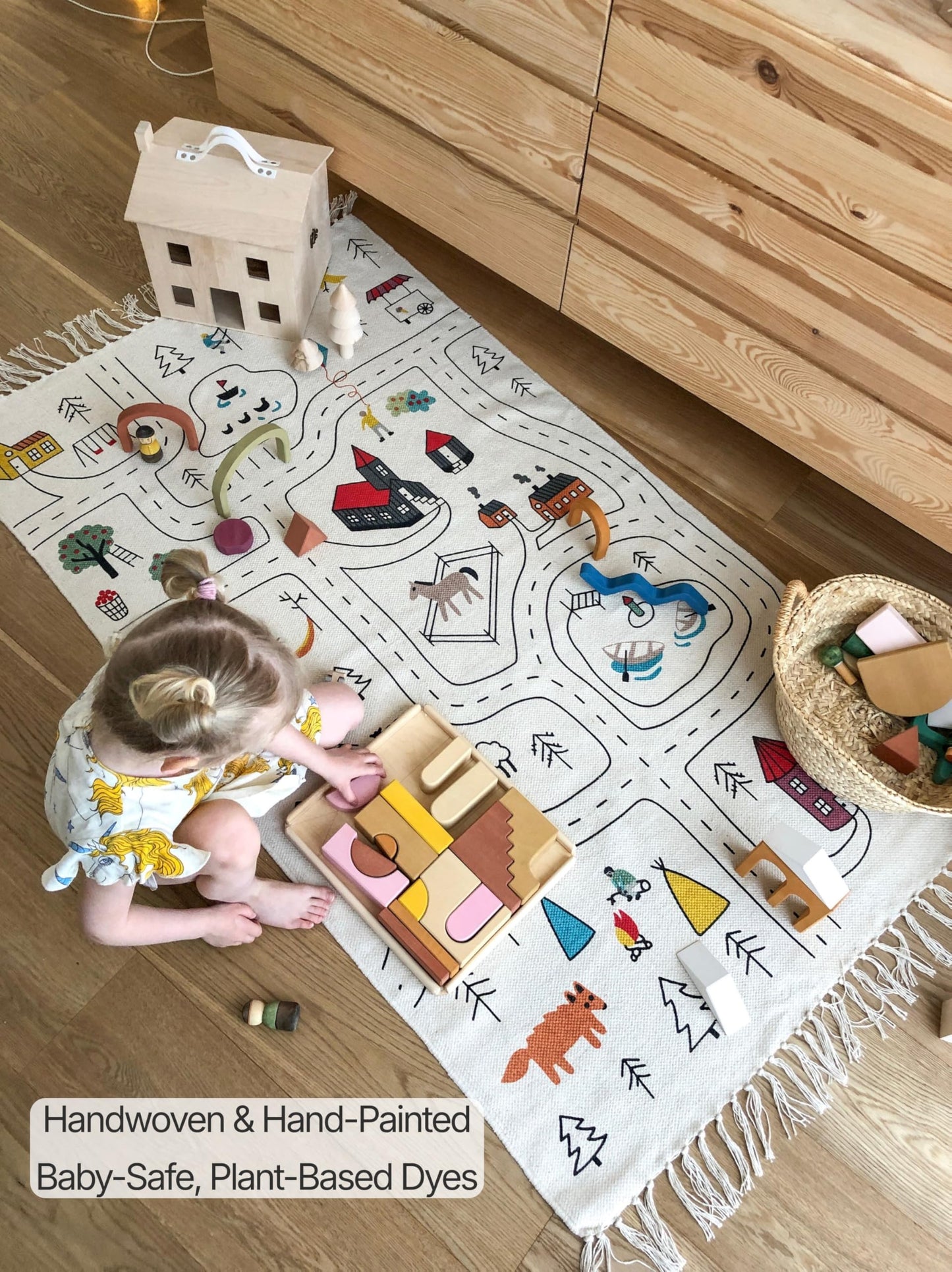 Hand-Woven Organic Cotton Kids Play Rug (59 x 35 inches) – City Road Map Design, Non-Toxic & Eco-Friendly Nursery Playroom Carpet, Soft Scandinavian Style Mat