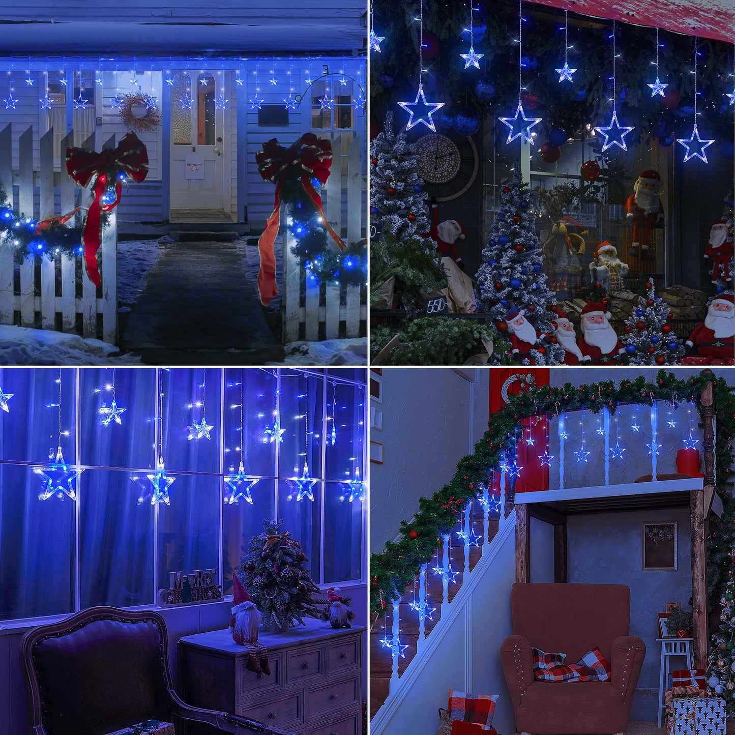 MYGOTO 126L Blue White Christmas Star Icicle Lights, 8.2FT Clear Curtain Fairy String with Connectable, Timer 8 Modes Memory, Waterproof Hanging for Eaves, Party, Wedding Indoor Outdoor Decorations