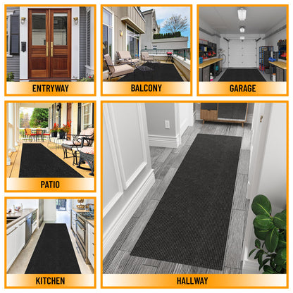 Ottomanson Hallway Runner Rug 2' x 6' Durable Non-Slip Mat with Scraper Pile for Indoor & Outdoor Use - Ideal for Kitchen, Entryway, Patio & Garage - High-Traffic Carpet, Black