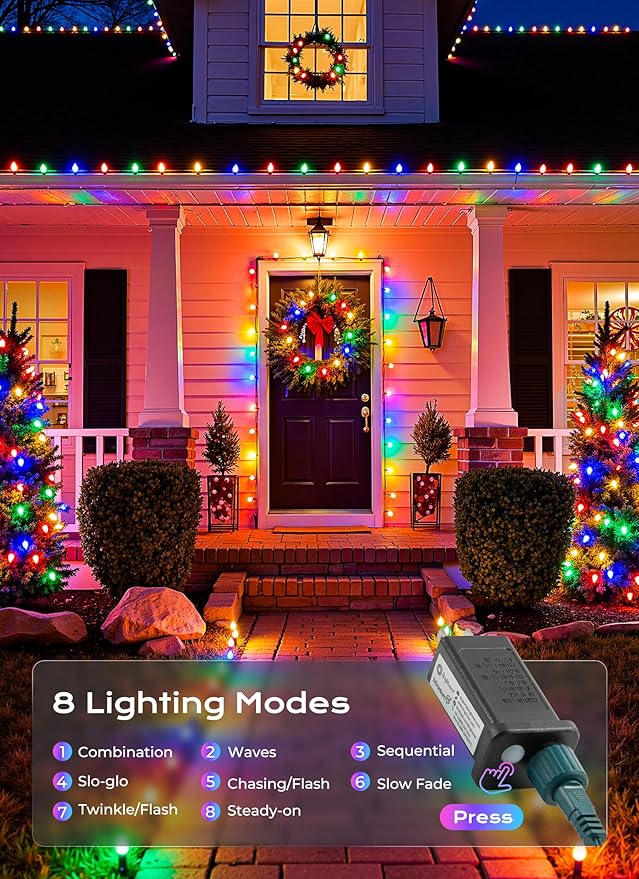 C9 Outdoor Christmas Lights, 72 FT 110 LED C9 String Lights, 8 Modes & Timer Connectable Waterproof for Christmas Tree light Indoor Outdoor Roofline Patio Outside Yard Holiday Xmas Decor, Multicolor
