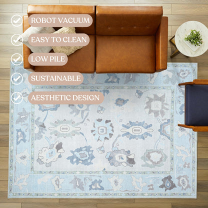 Fame Living Cream Blue Oushak Rug, Modern, Vintage, Turkish, Eclectic, Floral, Pastel, Washable, Large Area Rugs for Living Room, Dining, Bedroom, Girls, Boys, 7'5"x9'8"