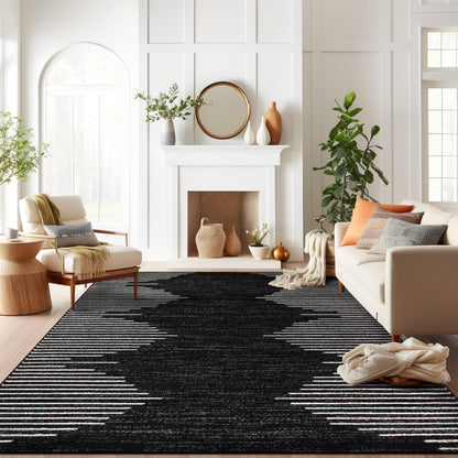 Rugshop Bohemian Stripe Stain Resistant Carpet High Traffic Living Room Kitchen Bedroom Dining Room Large Areas Basement Open Spaces Area Rug 8' x 10' Black