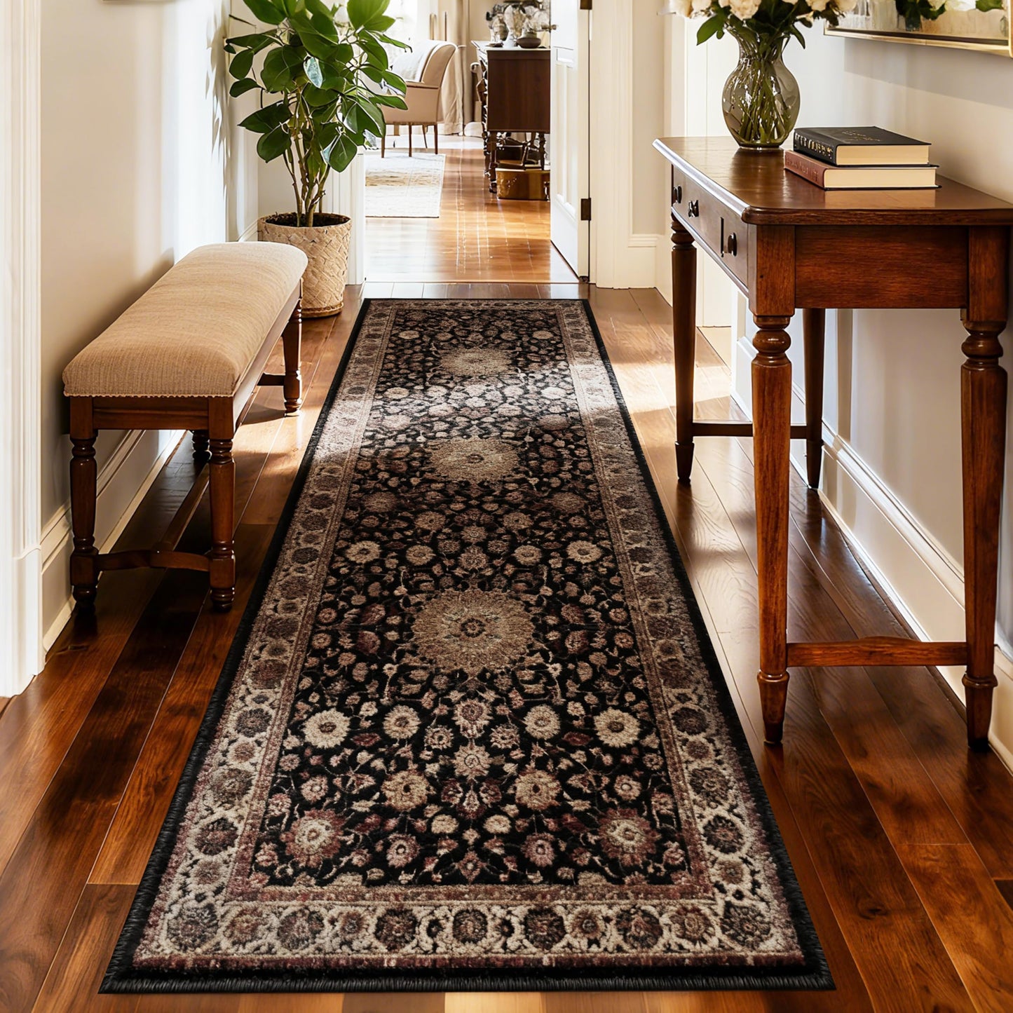 XSYarn Hallway Washable Runner Rug 2'x6' Vintage Soft Farmhouse Entryway Kitchen Runner TPR Non-Slip Low-Pile Boho Floor Carpet Runners for Bedroom Bathroom Laundry Room, Brown