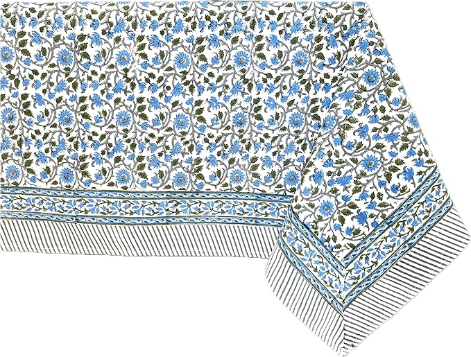 ATOSII Lake Como 100% Cotton Square Summer Tablecloth, Block Print Floral Linen Table Cloth for Kitchen Dining Table I Parties Weddings Outdoors I 60 X 60 Inches I 4 Seater I