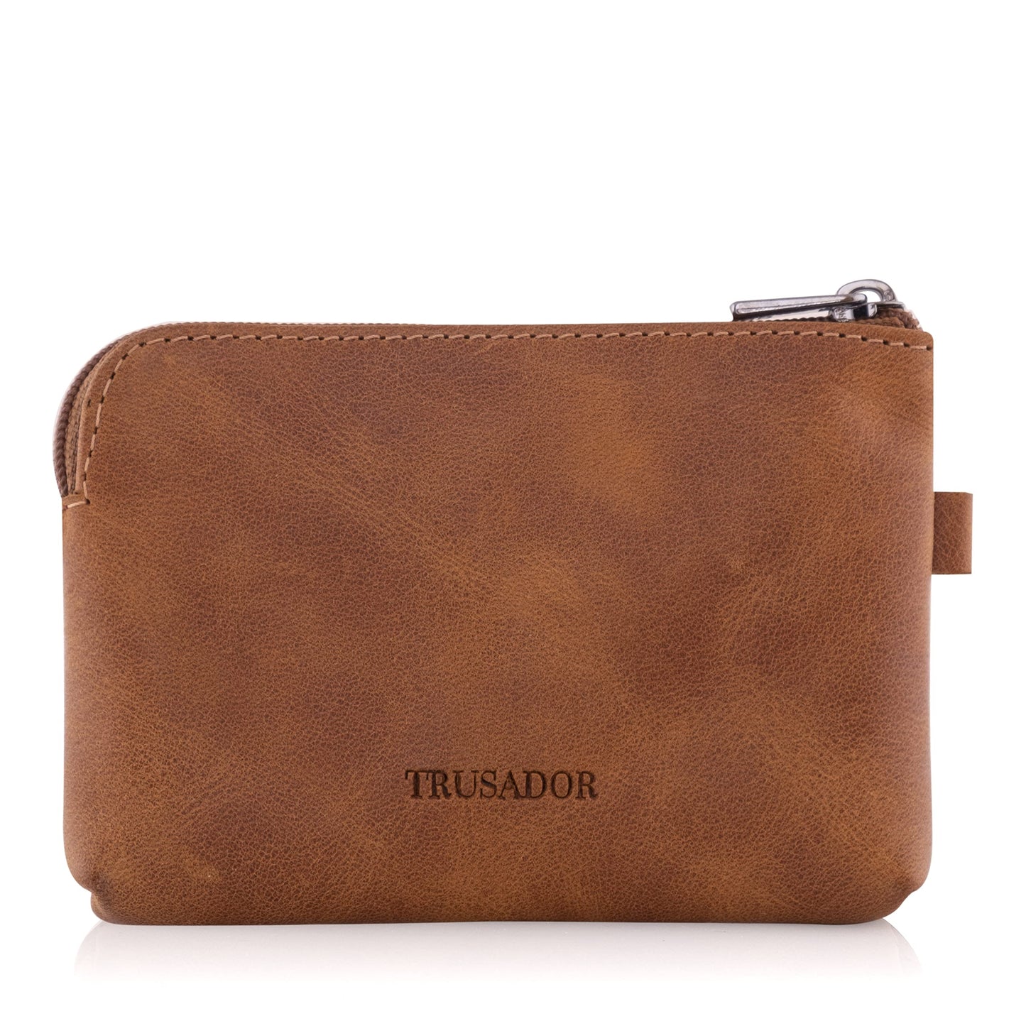 Trusador Milano Unisex Leather Front Pocket Wallet Coin Purse Zipper Pouch with Keychain (Cognac)