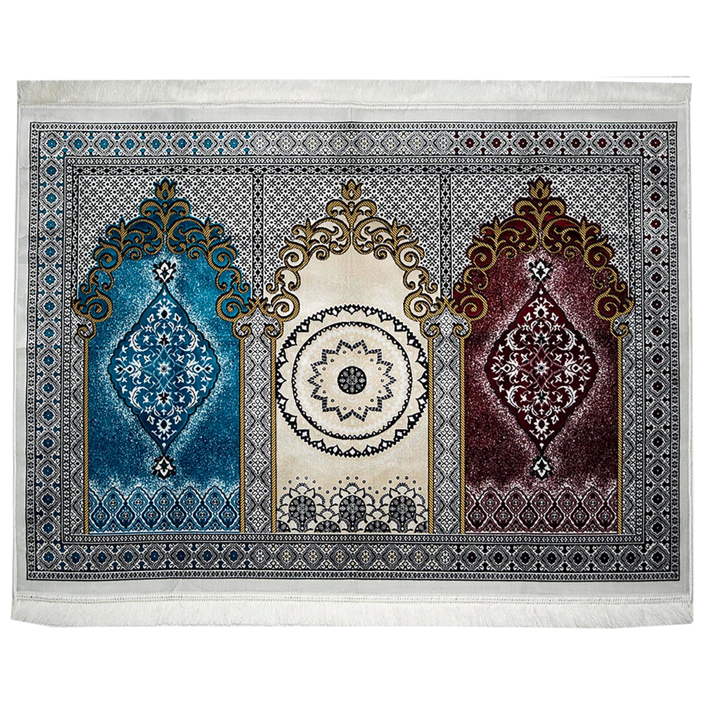 Modefa Turkish Islamic Prayer Rug - Wide Plush Velvet Praying Mat - Multi Person Muslim Janamaz Sajada for Family 3 People Salam Group Carpet 17-1