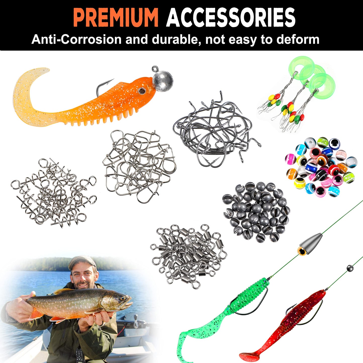 PLUSINNO 201pcs Fishing Accessories Kit,Tackle Box with Tackle Included, Fishing Hooks, Weights, Round Split Shot，Fishing Gear for Bass, Trout, Catfish