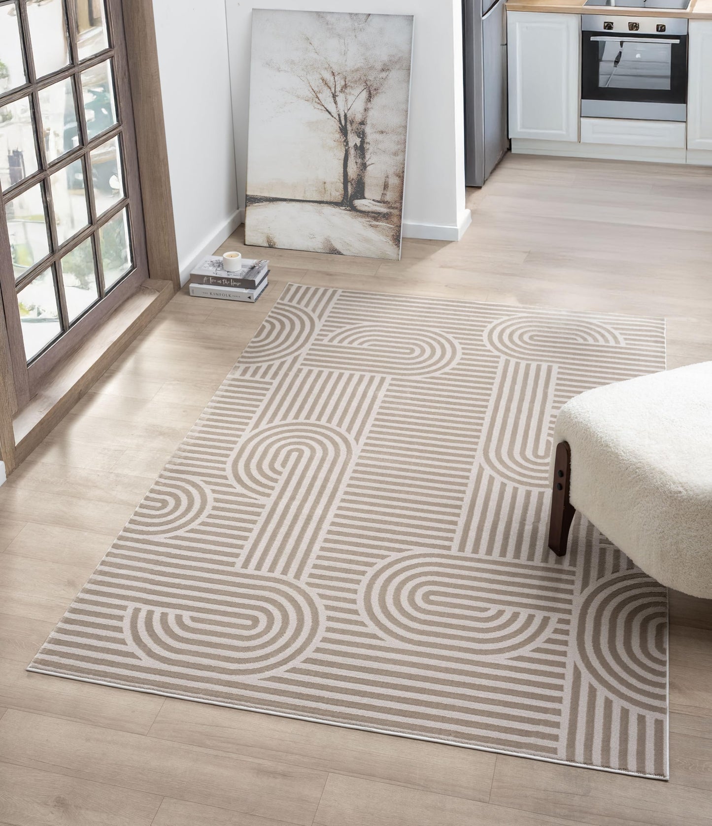 RUGGERRUGS Annabel Modern Geometric Area Rug for Living Room, 4x6 Contemporary Arched Linear Beige Neutral Rug, Stain Resistant Non-Shedding Carpet for Bedroom, Dining Room or Kitchen (4' x 6', Beige)