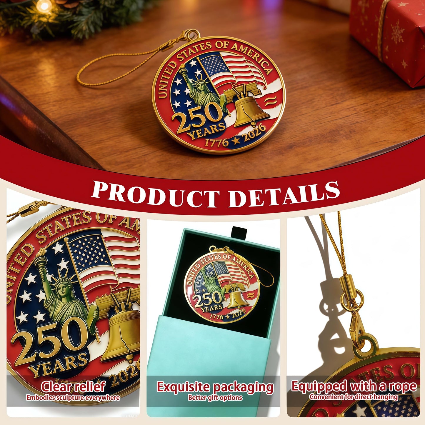 ALRALLI United States 250th Anniversary Ornament 1776-2026, America 250 Patriotic Metal Hanging Decoration with Cord, Storage Pouch, Liberty Bell Keepsake for Christmas Tree, Independence Day Gift