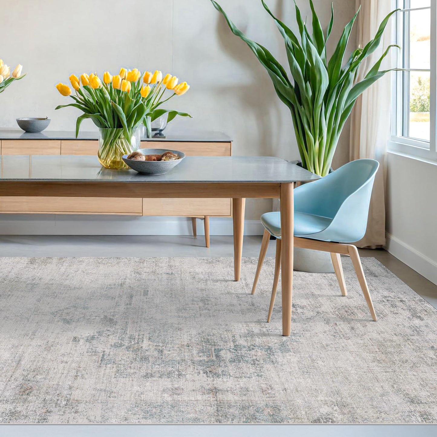Hazo Haus Blue Abstract Rug for Dining Room - 5x8 Modern Area Rug for Home Office, Foyer, Bedroom, Low Pile & Lightweight